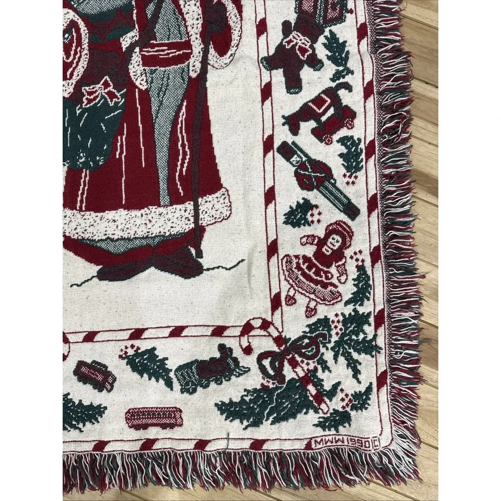 Vintage 1990 MWW Christmas Santa Woven Tapestry Throw Blanket Afghan 48x30